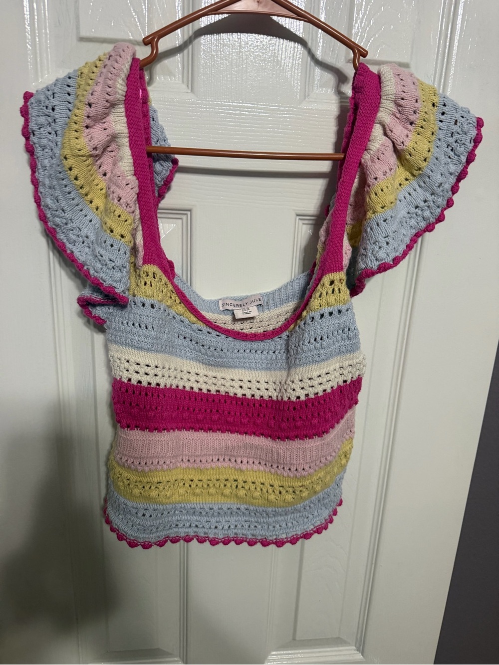 Sincerly Jules Multicolor Crochet Ruffle Strap Tote — Pink, Blue, Yellow, Cream